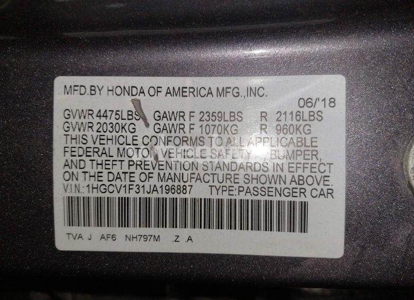 Photo 9 of 2018 Honda Accord SPORT (VIN 1HGCV1F31JA196887)