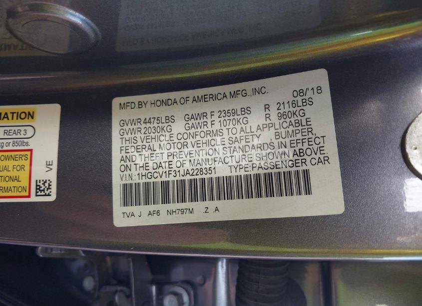 Photo 9 of 2018 Honda Accord SPORT (VIN 1HGCV1F31JA228351)