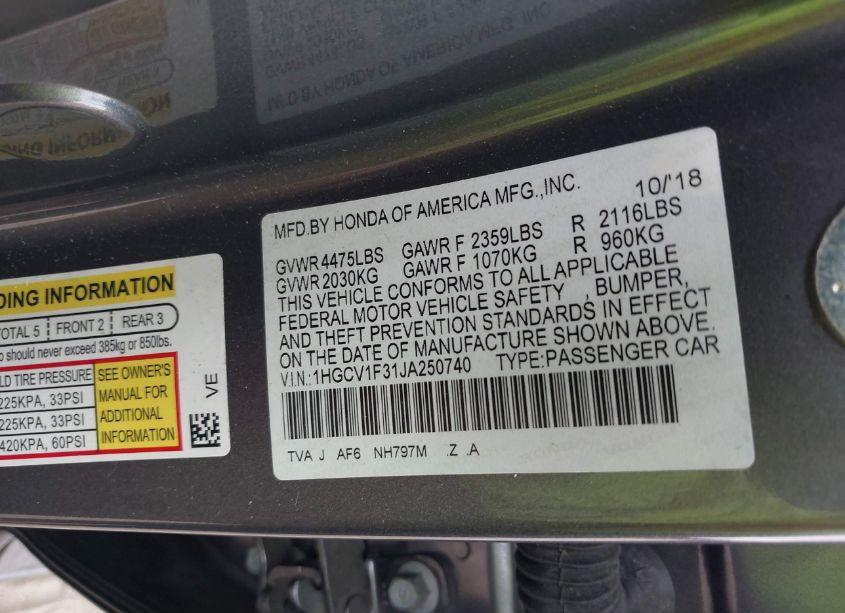 Photo 9 of 2018 Honda Accord SPORT (VIN 1HGCV1F31JA250740)