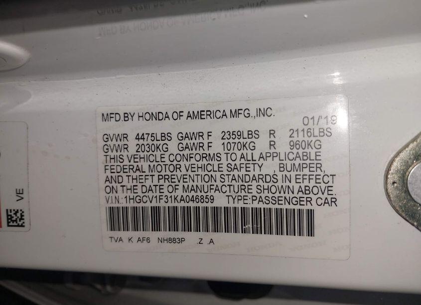 Photo 9 of 2019 Honda Accord SPORT (VIN 1HGCV1F31KA046859)