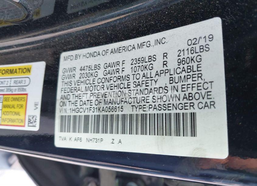 Photo 9 of 2019 Honda Accord SPORT (VIN 1HGCV1F31KA056615)