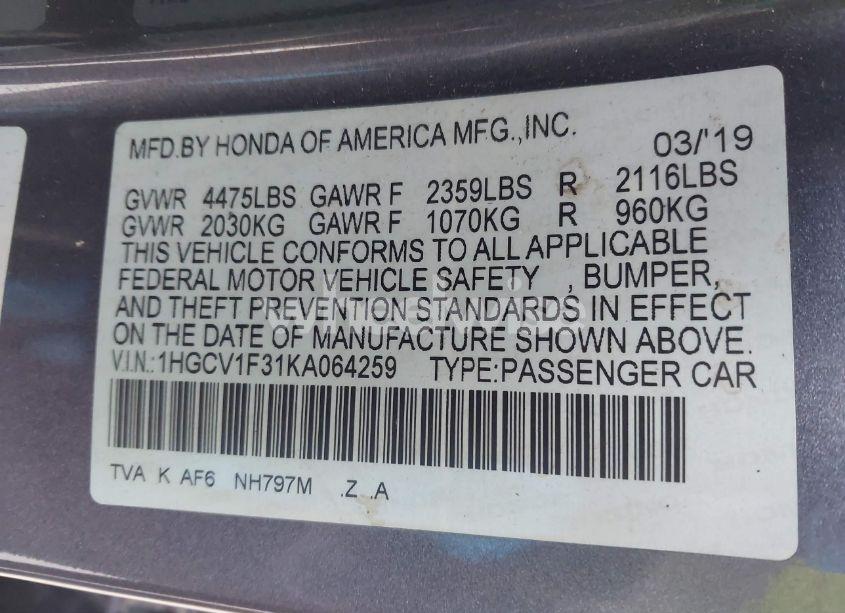 Photo 9 of 2019 Honda Accord SPORT (VIN 1HGCV1F31KA064259)