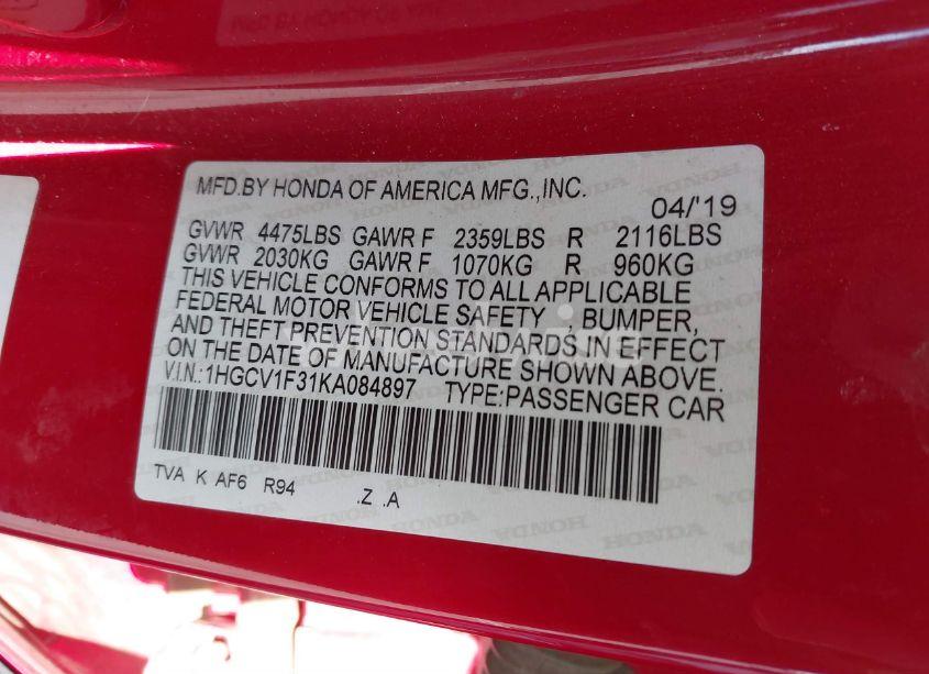 Photo 9 of 2019 Honda Accord SPORT (VIN 1HGCV1F31KA084897)