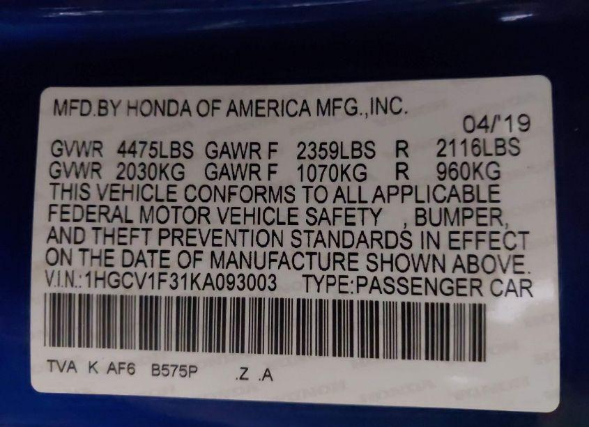 Photo 9 of 2019 Honda Accord SPORT (VIN 1HGCV1F31KA093003)