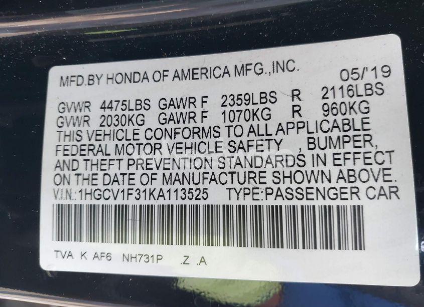 Photo 9 of 2019 Honda Accord SPORT (VIN 1HGCV1F31KA113525)