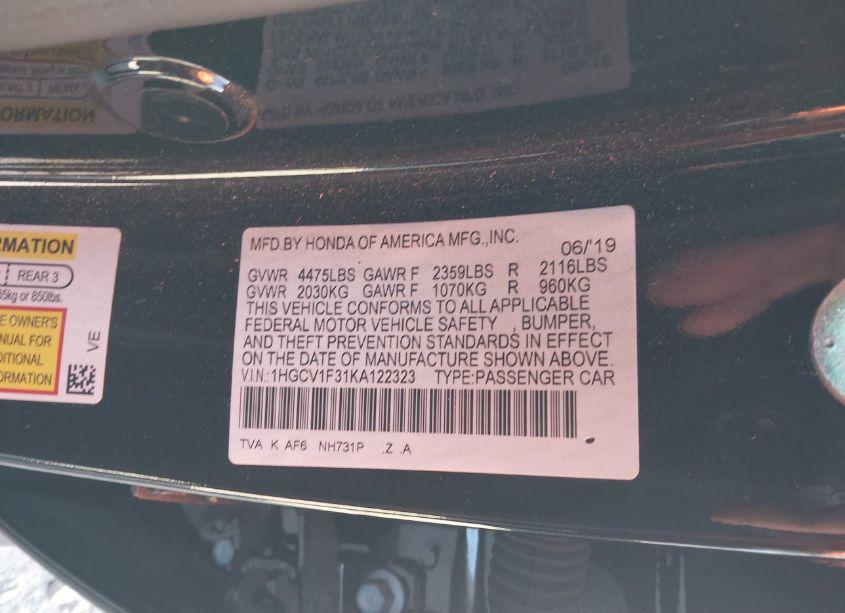 Photo 9 of 2019 Honda Accord SPORT (VIN 1HGCV1F31KA122323)