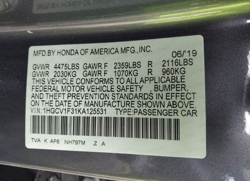 Photo 9 of 2019 Honda Accord SPORT (VIN 1HGCV1F31KA125531)