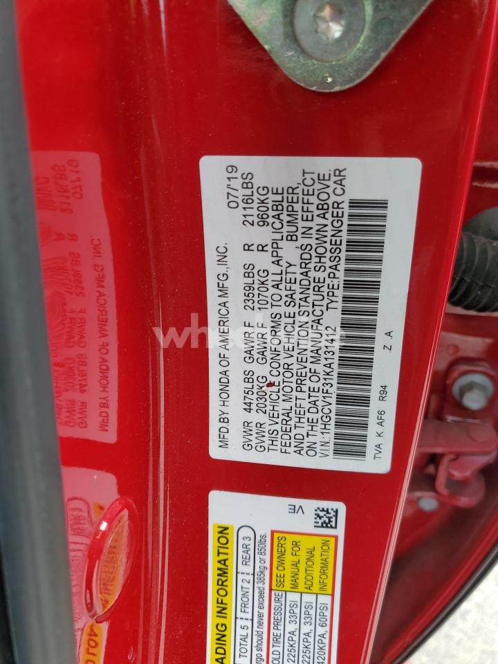 Photo 13 of 2019 HONDA ACCORD SPORT (VIN 1HGCV1F31KA131412)