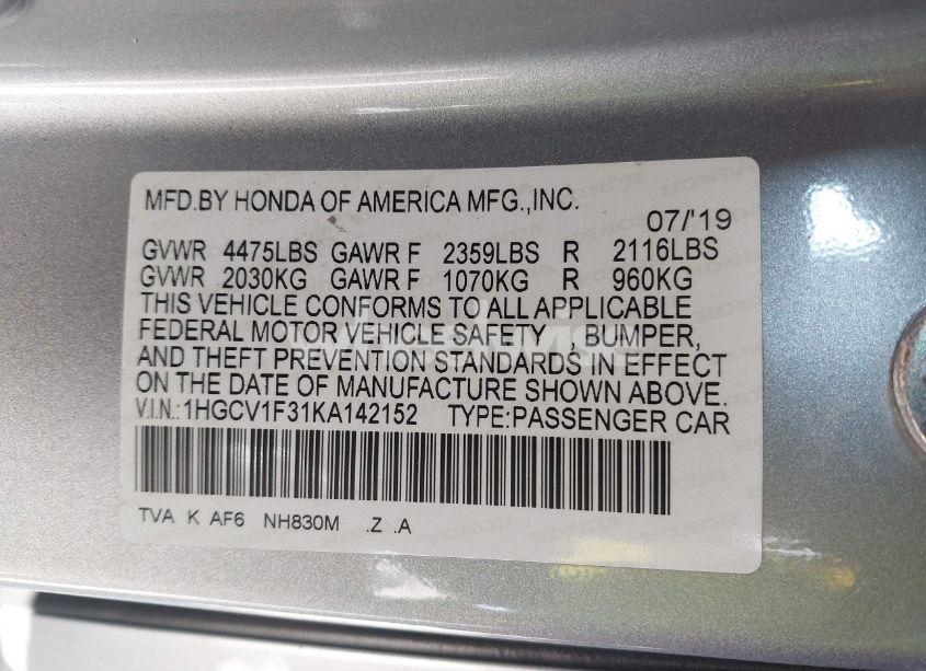 Photo 9 of 2019 Honda Accord SPORT (VIN 1HGCV1F31KA142152)