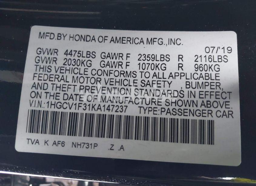 Photo 9 of 2019 Honda Accord SPORT (VIN 1HGCV1F31KA147237)