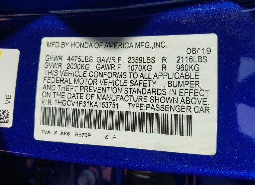 Photo 9 of 2019 Honda Accord SPORT (VIN 1HGCV1F31KA153751)