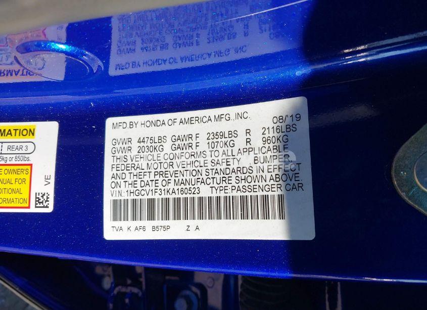 Photo 9 of 2019 Honda Accord SPORT (VIN 1HGCV1F31KA160523)