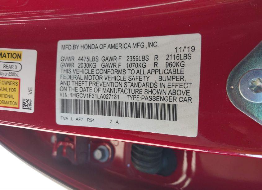 Photo 9 of 2020 Honda Accord SPORT (VIN 1HGCV1F31LA027181)