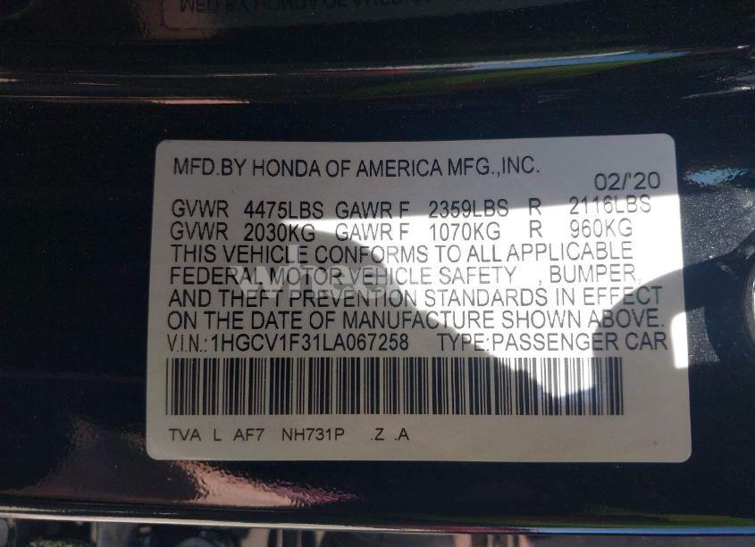 Photo 9 of 2020 Honda Accord SPORT (VIN 1HGCV1F31LA067258)