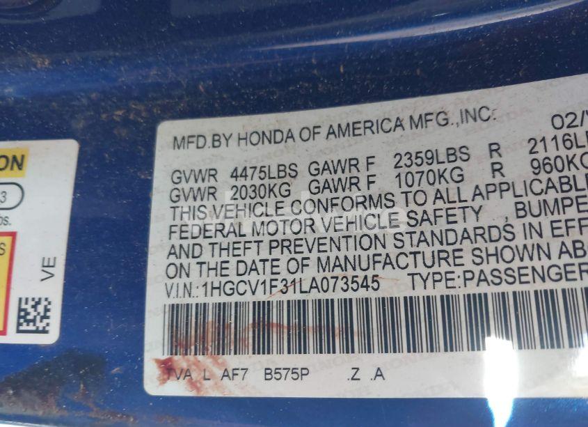 Photo 9 of 2020 Honda Accord SPORT (VIN 1HGCV1F31LA073545)