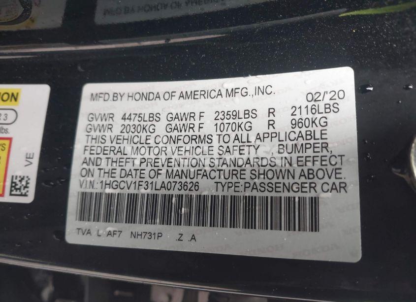 Photo 9 of 2020 Honda Accord SPORT (VIN 1HGCV1F31LA073626)