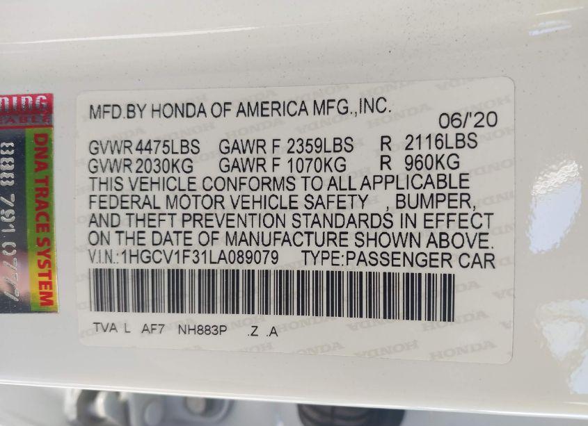 Photo 9 of 2020 Honda Accord SPORT (VIN 1HGCV1F31LA089079)
