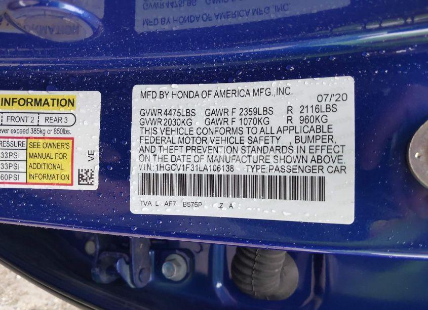 Photo 9 of 2020 Honda Accord SPORT (VIN 1HGCV1F31LA106138)