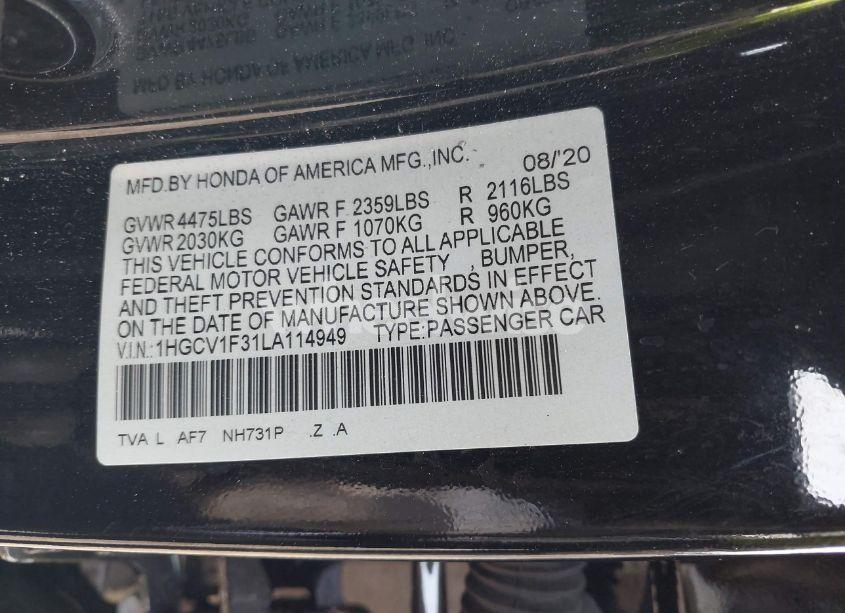 Photo 9 of 2020 Honda Accord SPORT (VIN 1HGCV1F31LA114949)