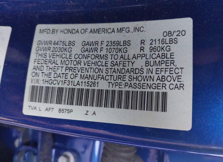 Photo 9 of 2020 Honda Accord SPORT (VIN 1HGCV1F31LA115261)