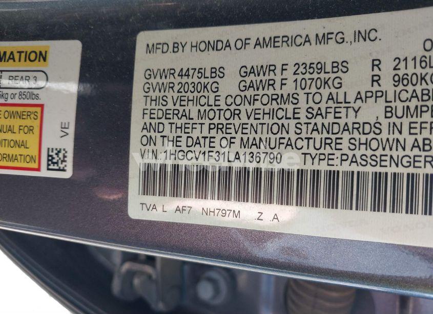 Photo 9 of 2020 Honda Accord SPORT (VIN 1HGCV1F31LA136790)