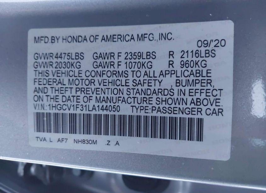 Photo 9 of 2020 Honda Accord SPORT (VIN 1HGCV1F31LA144050)
