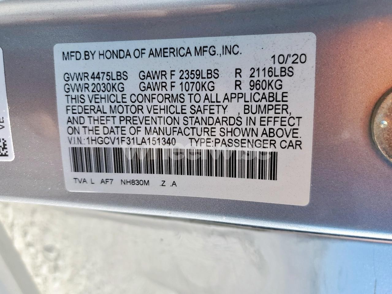 Photo 12 of 2020 HONDA ACCORD SPORT (VIN 1HGCV1F31LA151340)