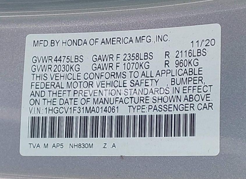 Photo 9 of 2021 Honda Accord SPORT (VIN 1HGCV1F31MA014061)