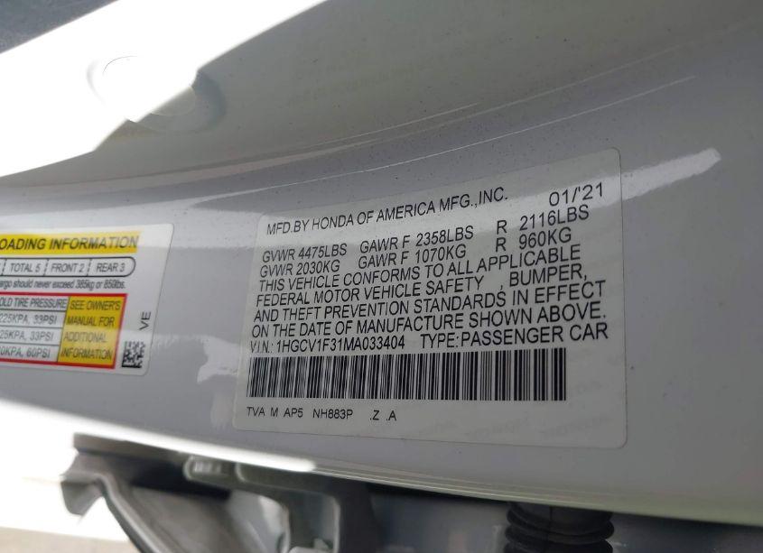 Photo 9 of 2021 Honda Accord SPORT (VIN 1HGCV1F31MA033404)