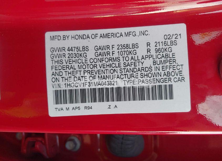 Photo 9 of 2021 Honda Accord SPORT (VIN 1HGCV1F31MA043821)