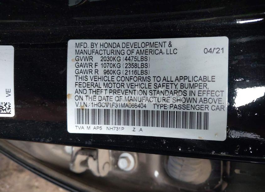 Photo 9 of 2021 Honda Accord SPORT (VIN 1HGCV1F31MA066404)