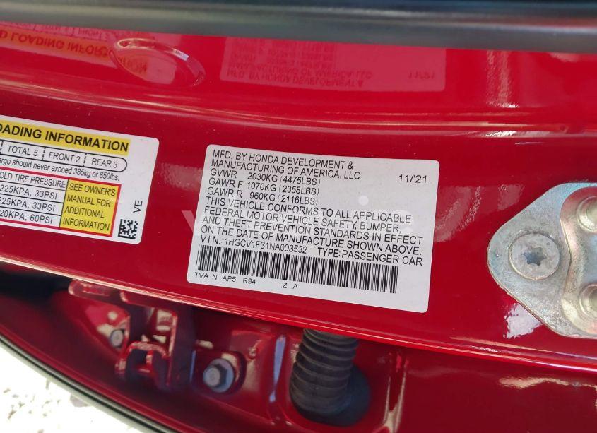 Photo 9 of 2022 Honda Accord SPORT (VIN 1HGCV1F31NA003532)