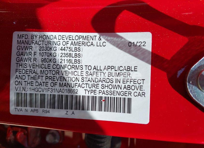 Photo 9 of 2022 Honda Accord SPORT (VIN 1HGCV1F31NA018662)