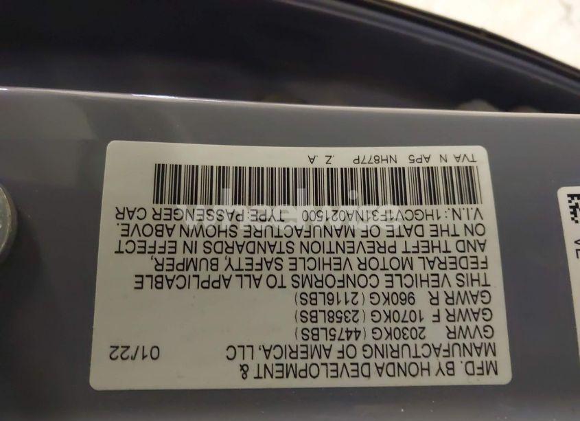 Photo 9 of 2022 Honda Accord SPORT (VIN 1HGCV1F31NA021500)