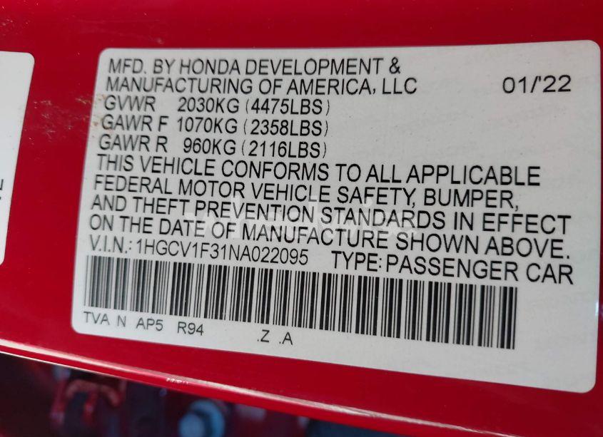 Photo 9 of 2022 Honda Accord SPORT (VIN 1HGCV1F31NA022095)