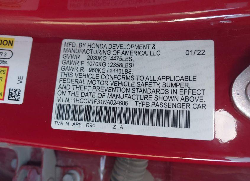 Photo 9 of 2022 Honda Accord SPORT (VIN 1HGCV1F31NA024686)