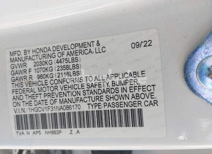 Photo 9 of 2022 Honda Accord SPORT (VIN 1HGCV1F31NA086170)