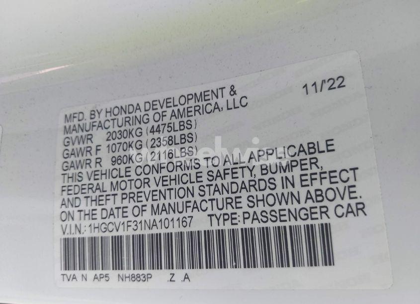 Photo 9 of 2022 Honda Accord SPORT (VIN 1HGCV1F31NA101167)
