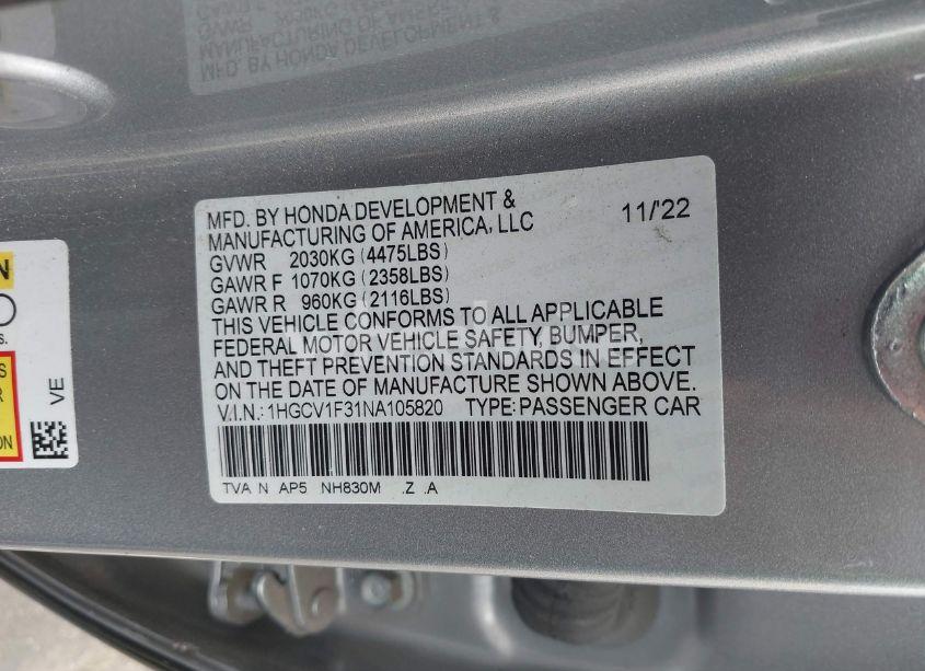 Photo 9 of 2022 Honda Accord SPORT (VIN 1HGCV1F31NA105820)