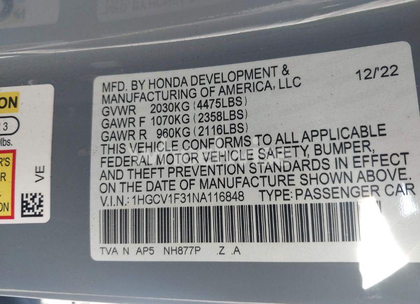Photo 9 of 2022 Honda Accord SPORT (VIN 1HGCV1F31NA116848)