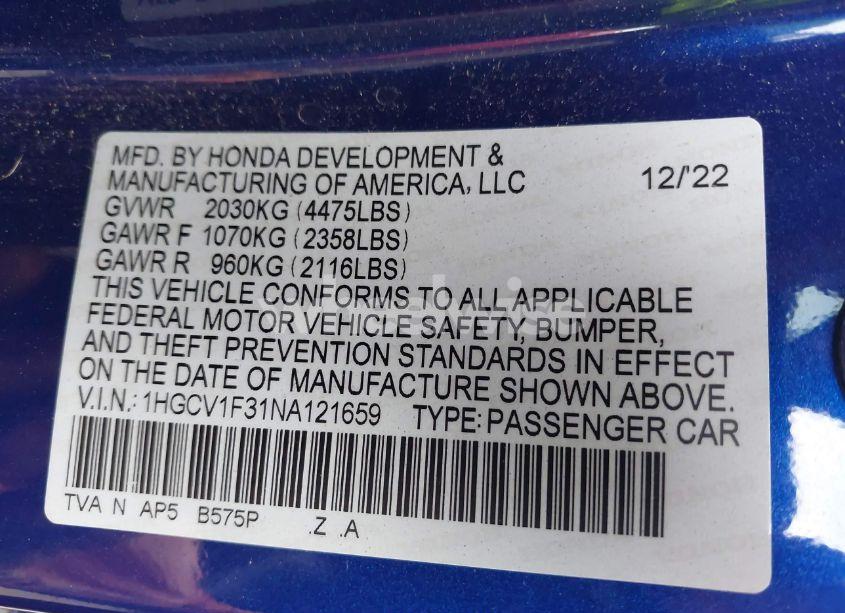 Photo 9 of 2022 Honda Accord SPORT (VIN 1HGCV1F31NA121659)