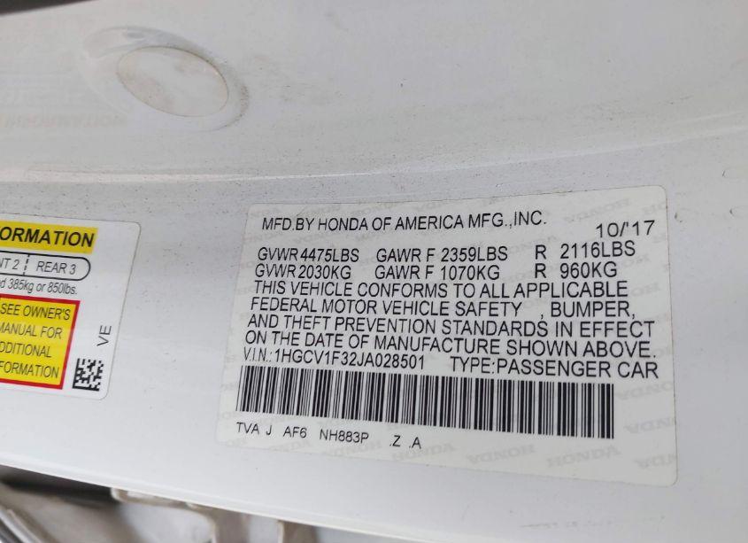 Photo 9 of 2018 Honda Accord SPORT (VIN 1HGCV1F32JA028501)