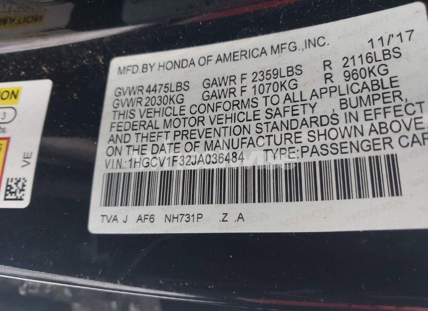 Photo 9 of 2018 Honda Accord SPORT (VIN 1HGCV1F32JA036484)