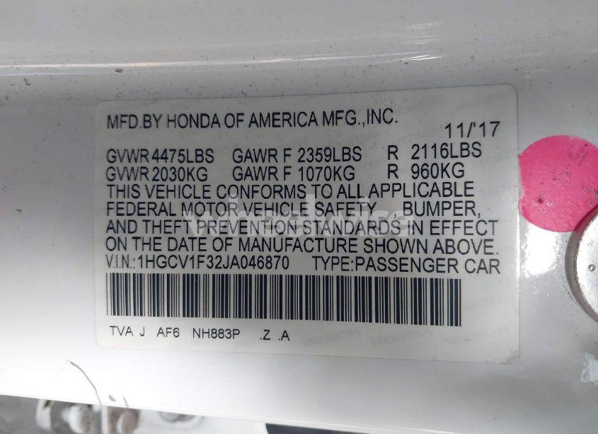 Photo 9 of 2018 Honda Accord SPORT (VIN 1HGCV1F32JA046870)