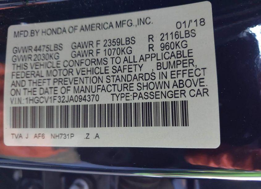 Photo 9 of 2018 Honda Accord SPORT (VIN 1HGCV1F32JA094370)