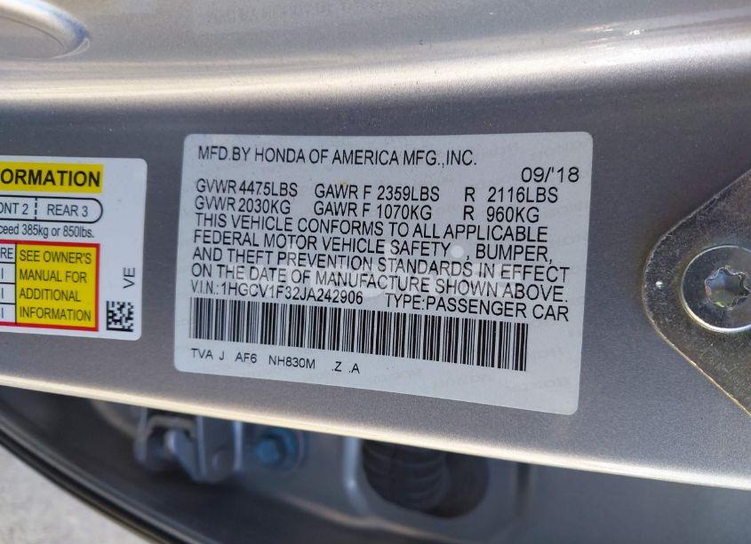 Photo 9 of 2018 Honda Accord SPORT (VIN 1HGCV1F32JA242906)