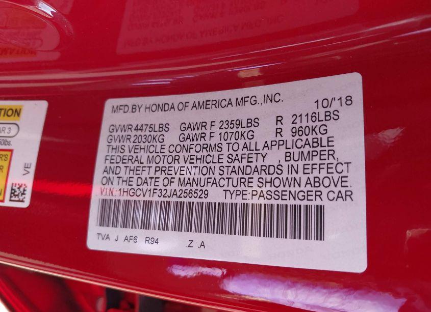 Photo 9 of 2018 Honda Accord SPORT (VIN 1HGCV1F32JA256529)