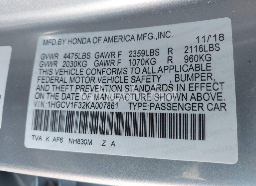 Photo 9 of 2019 Honda Accord SPORT (VIN 1HGCV1F32KA007861)