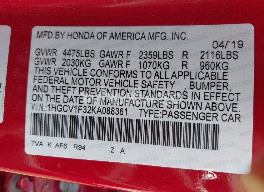 Photo 9 of 2019 Honda Accord SPORT (VIN 1HGCV1F32KA088361)