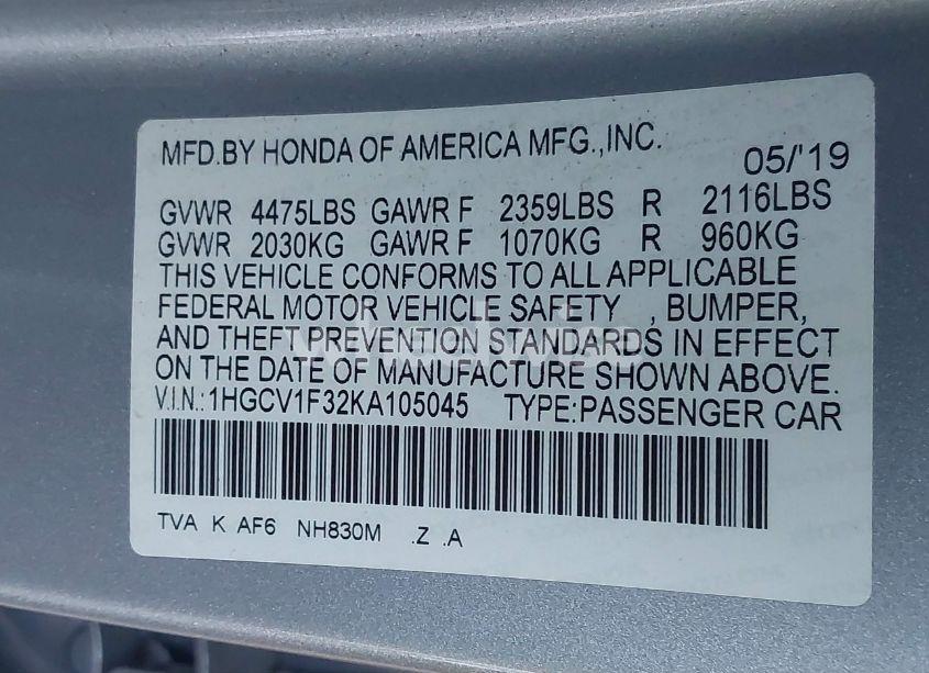 Photo 9 of 2019 Honda Accord SPORT (VIN 1HGCV1F32KA105045)